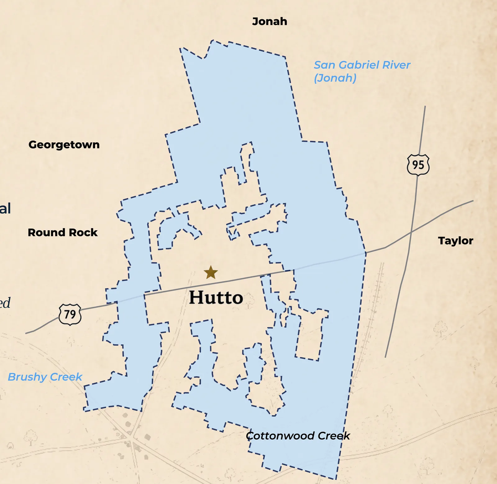 Hutto and its extraterritorial jurisdiction today. Map redrawn for the Hutto 150 exhibit.