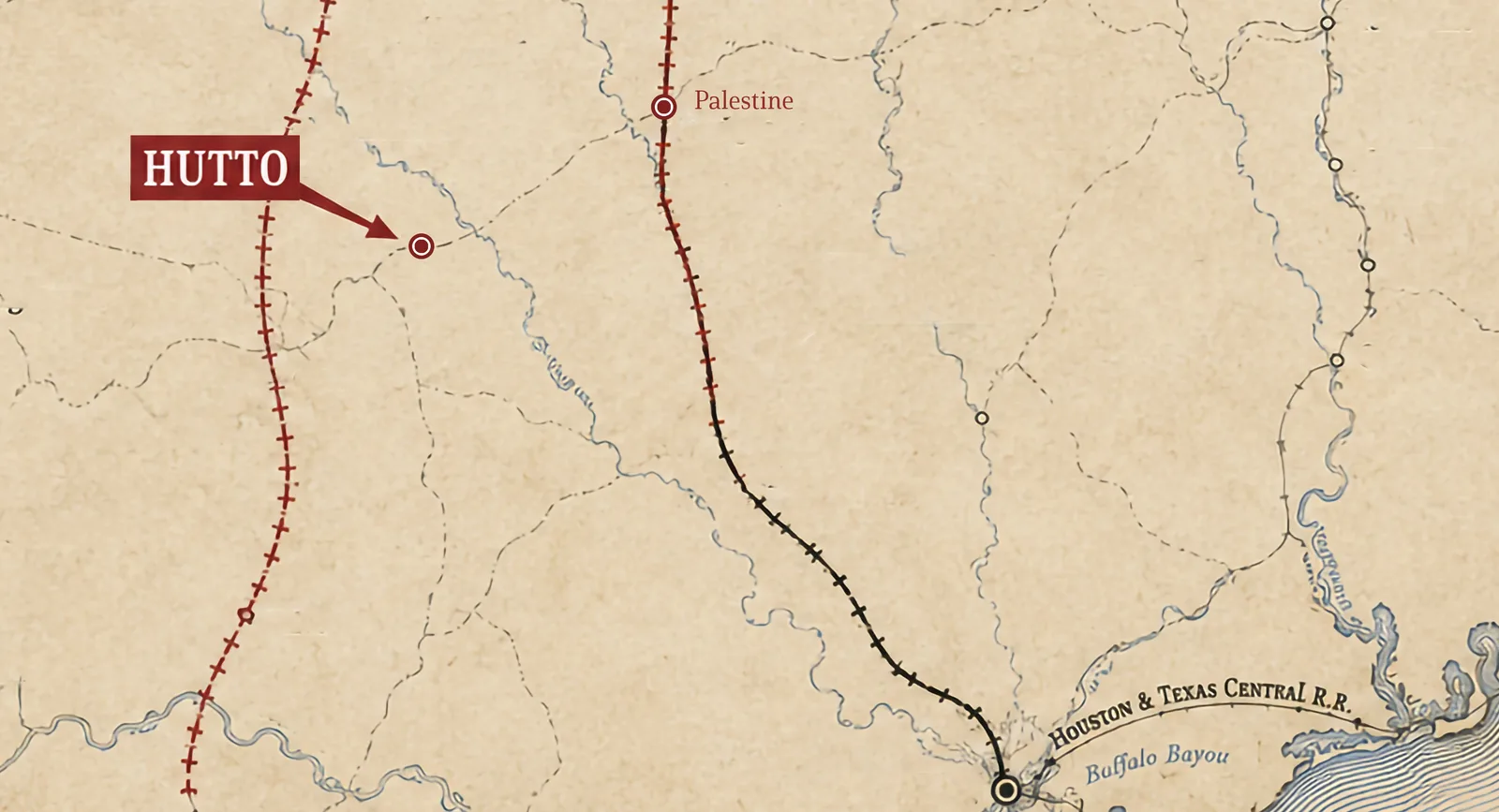 Early Texas rail lines. Map redrawn for the Hutto 150 exhibit.