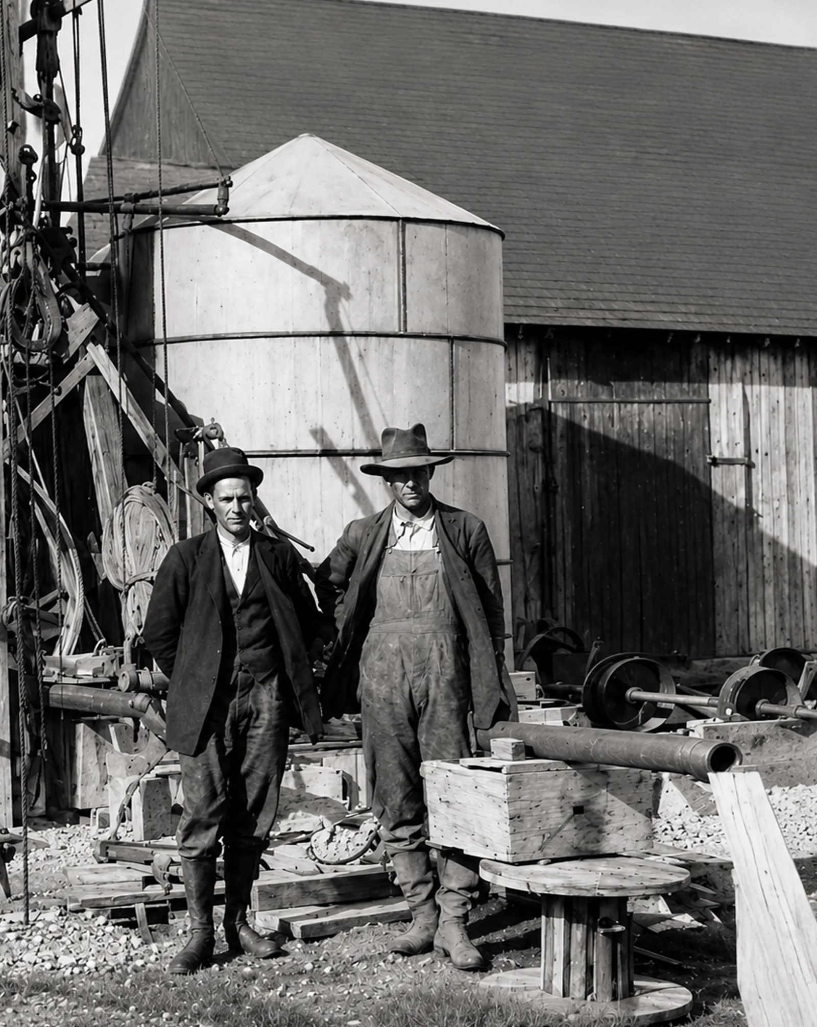 Hanstrom (right) and later partner Gus Hanson at Hutto Waterworks, about 1910.