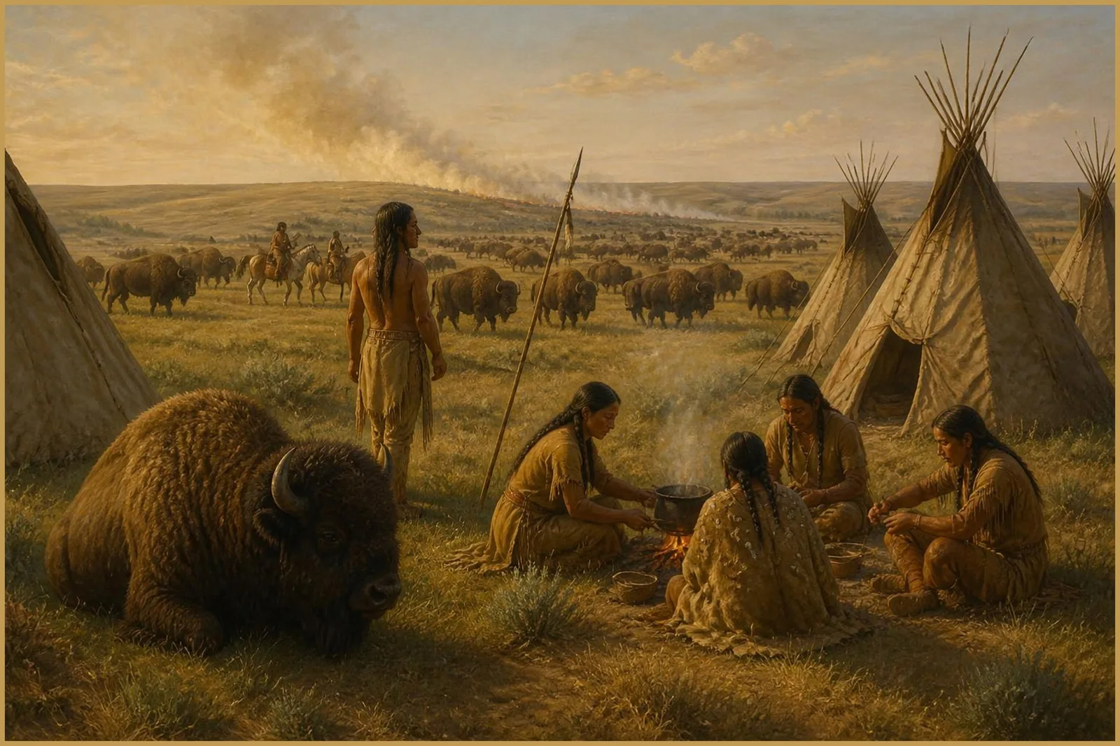 Native camp on the prairie. Historical interpretation generated for illustrative purposes.
