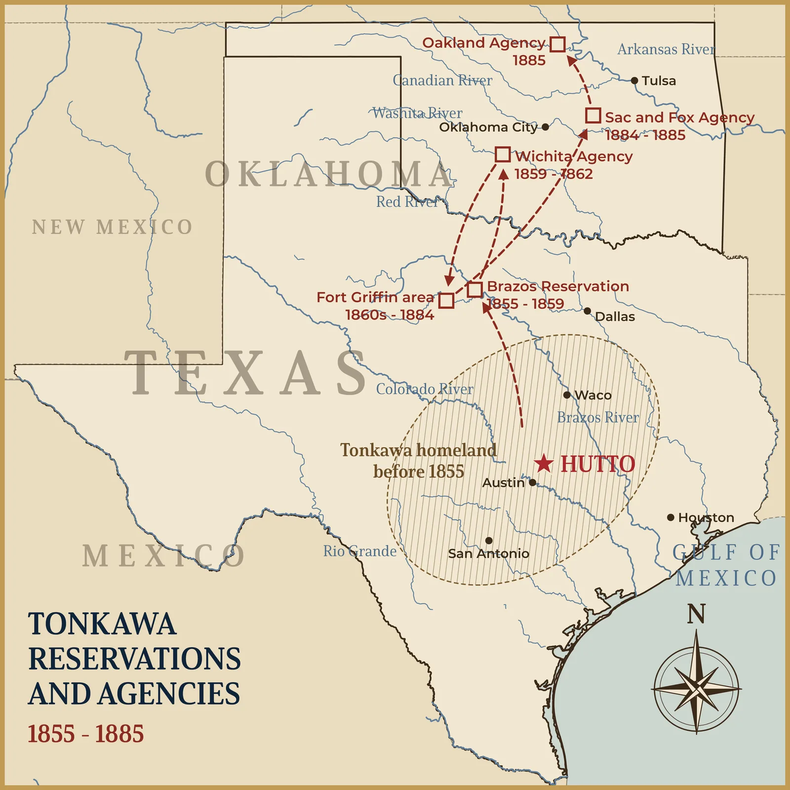 Tonkawa reservations and agencies, 1855 to 1885. Map redrawn for the Hutto 150 exhibit.
