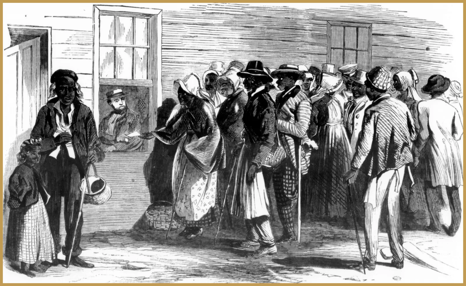 Freedmen’s Bureau issuing rations, Richmond, Virginia. Frank Leslie’s Illustrated Newspaper, September 22, 1866.