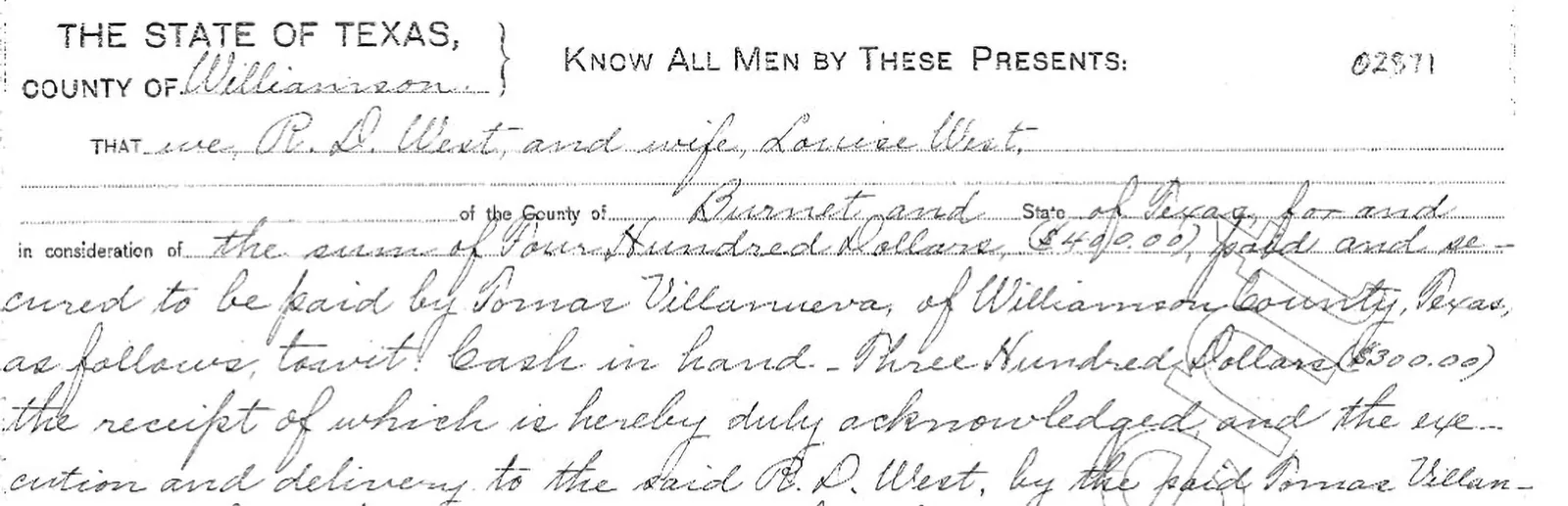 Deed, R. D. and Louise West to Tomas Villanueva, 1913 (detail). Williamson County Clerk, Deed Records.