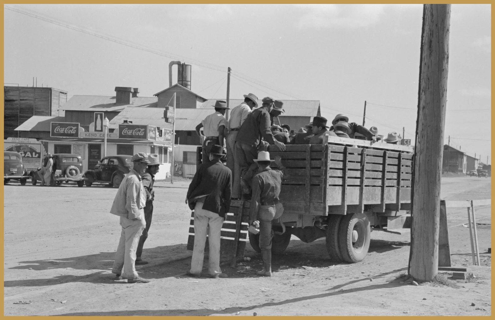 Day laborers loading into a truck for the fields, Weslaco, Texas, 1939. Russell Lee, FSA. Library of Congress.